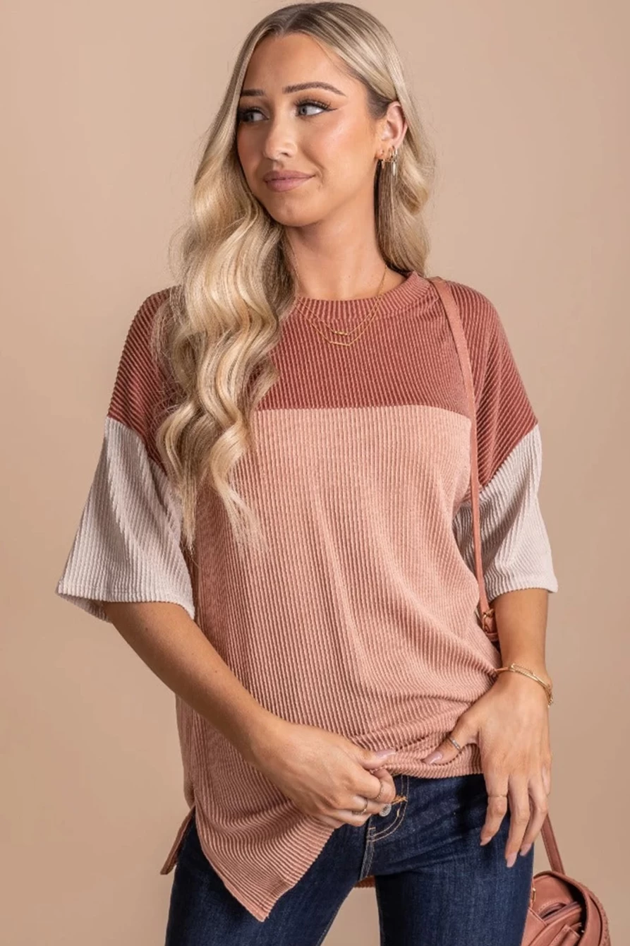 Shewin Women's Rose Pink Plus Size Colorblock Ribbed Drop Sleeve T-Shirt