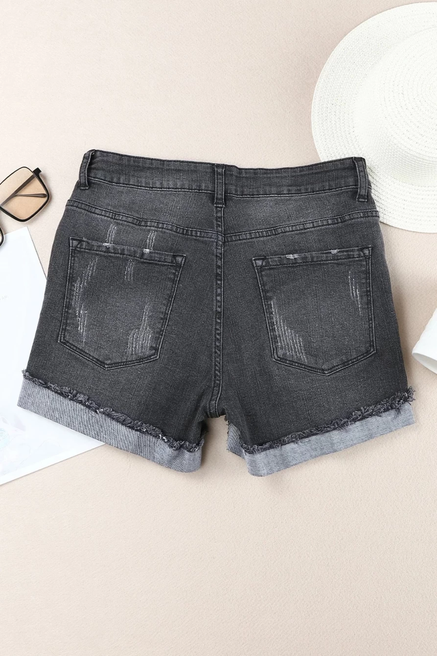 Shewin Women's Black Casual Ripped Rolled Hem Denim Shorts