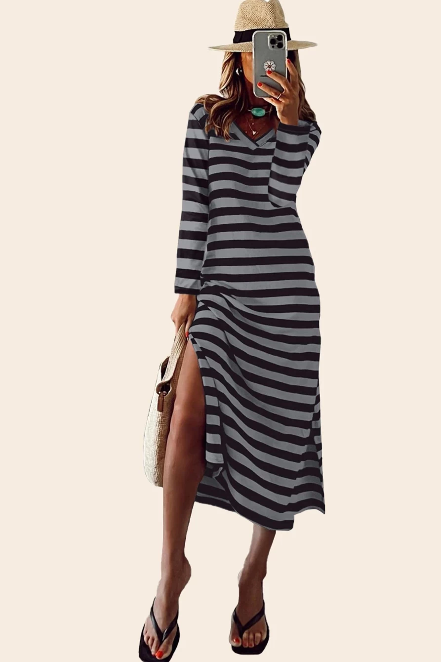 Shewin Women's Gray Striped Maxi Dress with Long Sleeves and Side Slit