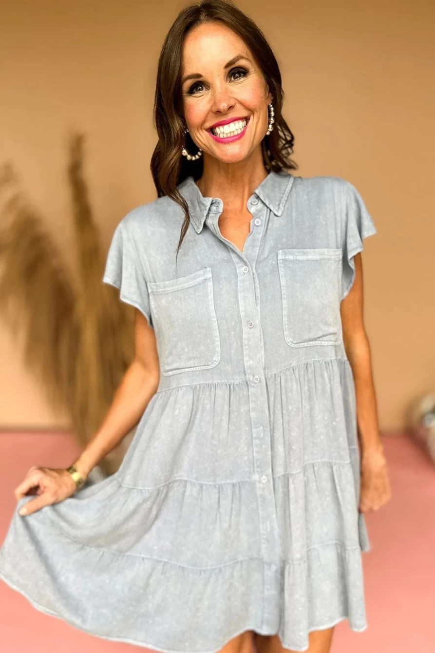 Shewin Women's Light Grey Mineral Washed Chambray Dress with Ruffle Sleeves and Tiered Design
