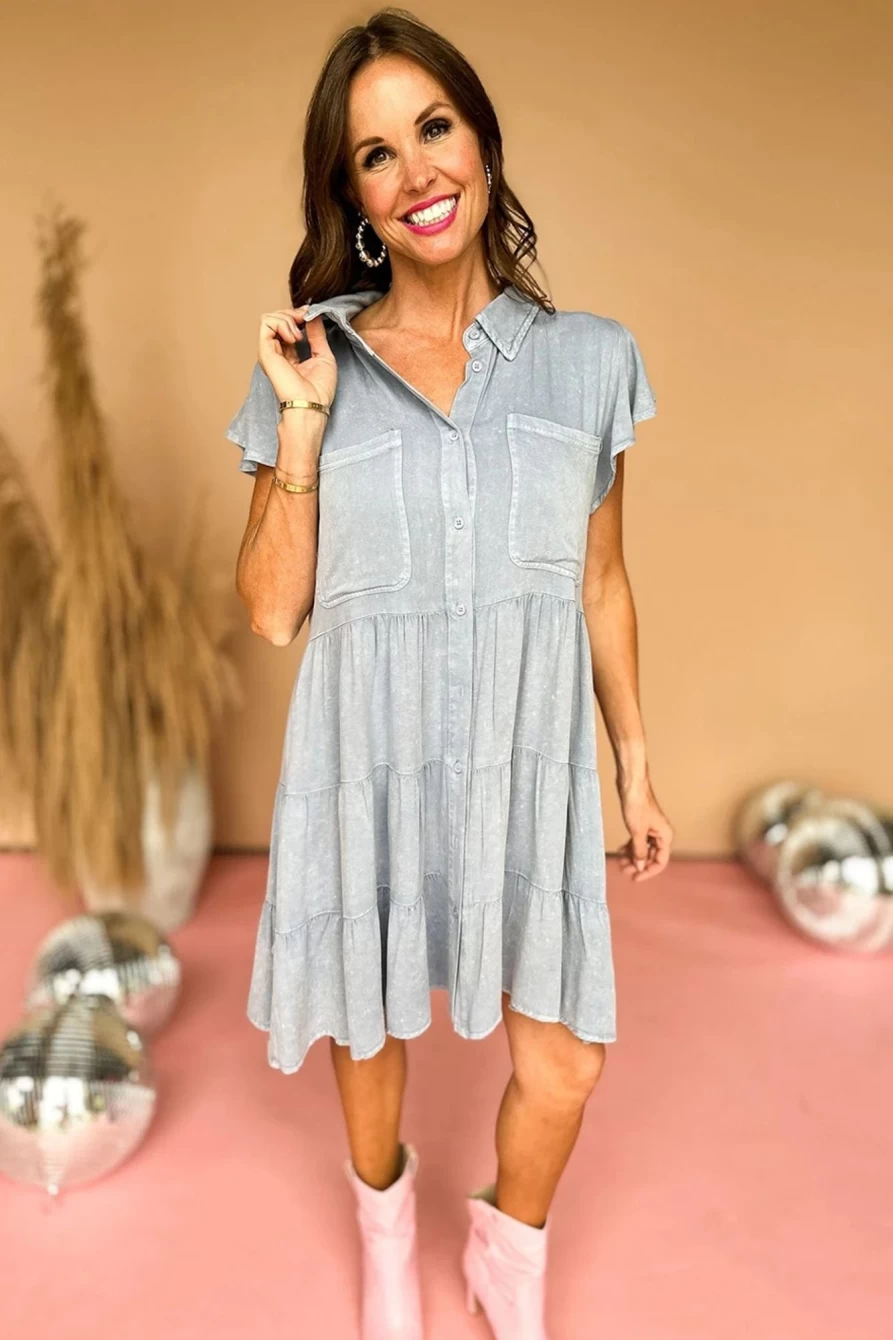 Shewin Women's Light Grey Mineral Washed Chambray Dress with Ruffle Sleeves and Tiered Design