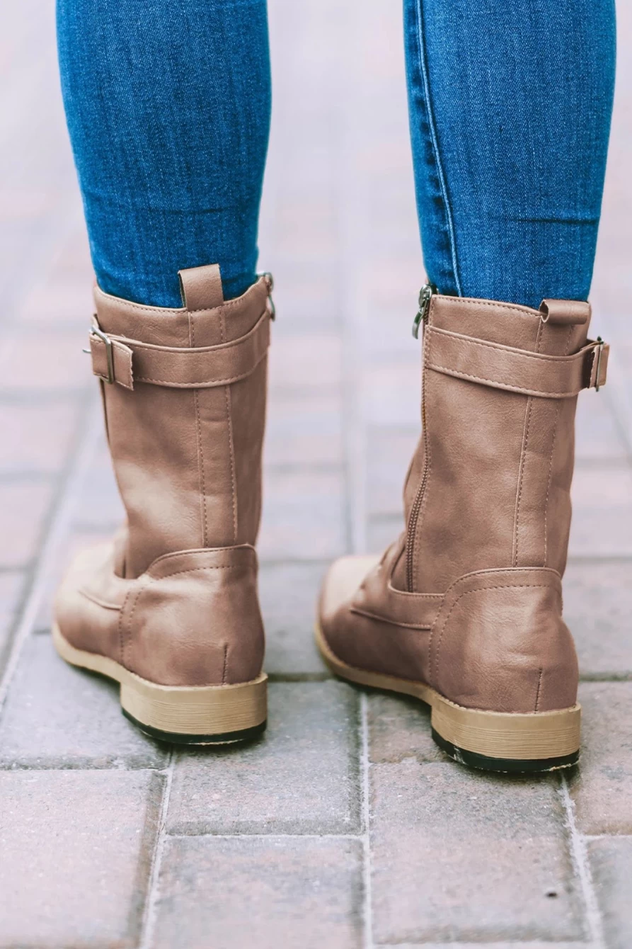 Shewin Women's Chestnut Leather Boots with Buckle Strap, Zipper & Lace-Up Decor