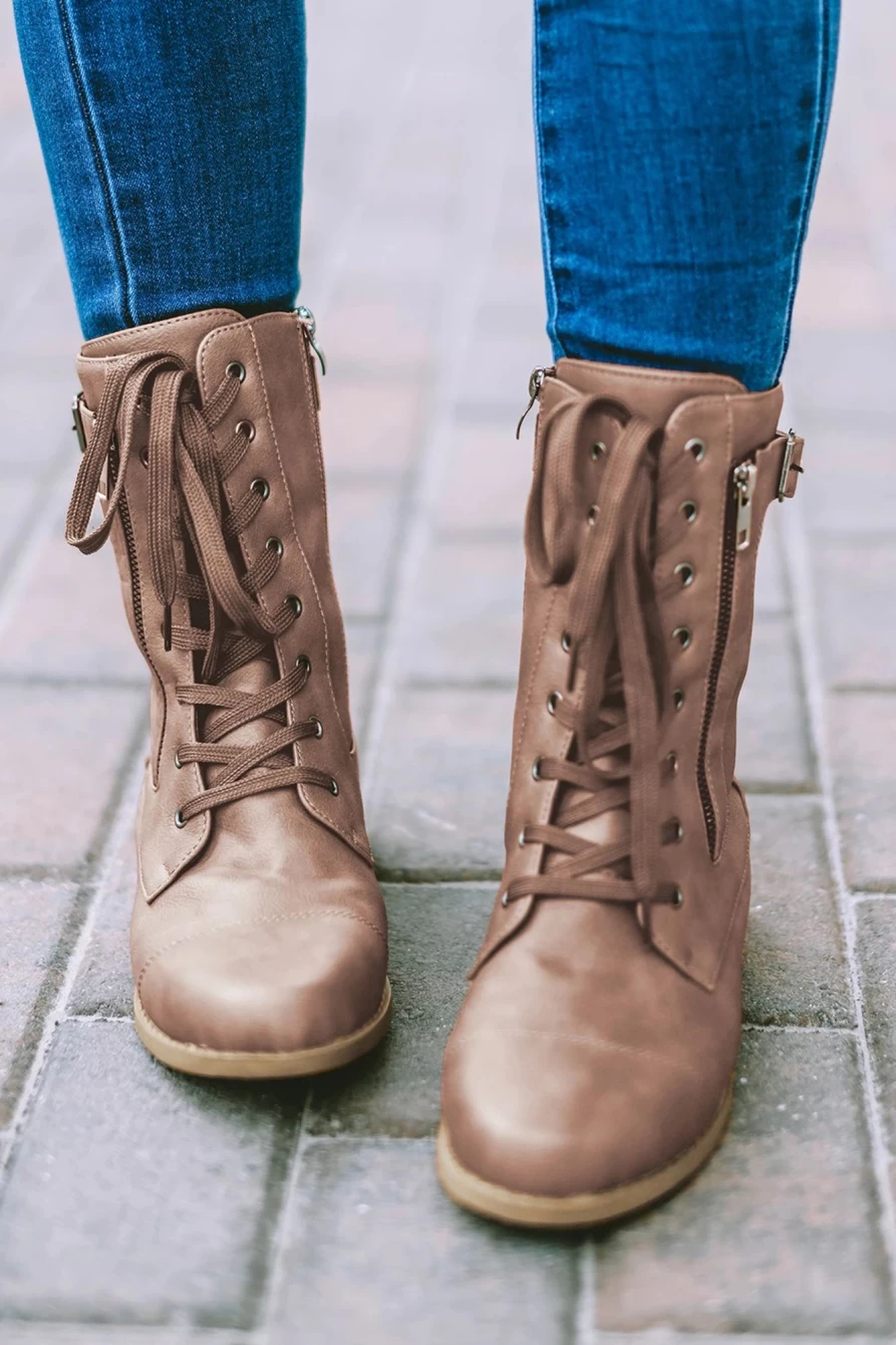Shewin Women's Chestnut Leather Boots with Buckle Strap, Zipper & Lace-Up Decor