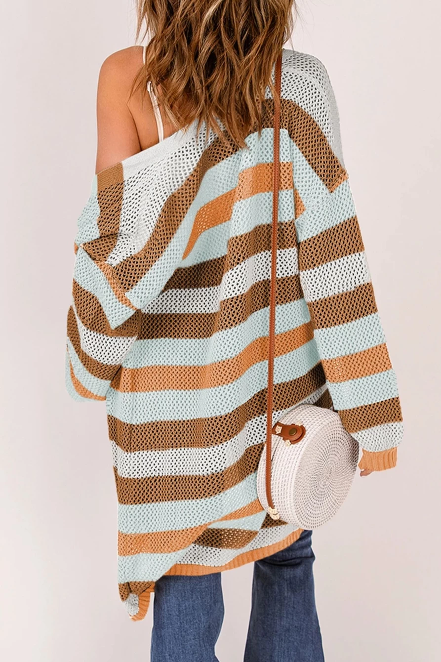 Shewin Women's Brown Striped Color Block Open Knit Cardigan Sweater