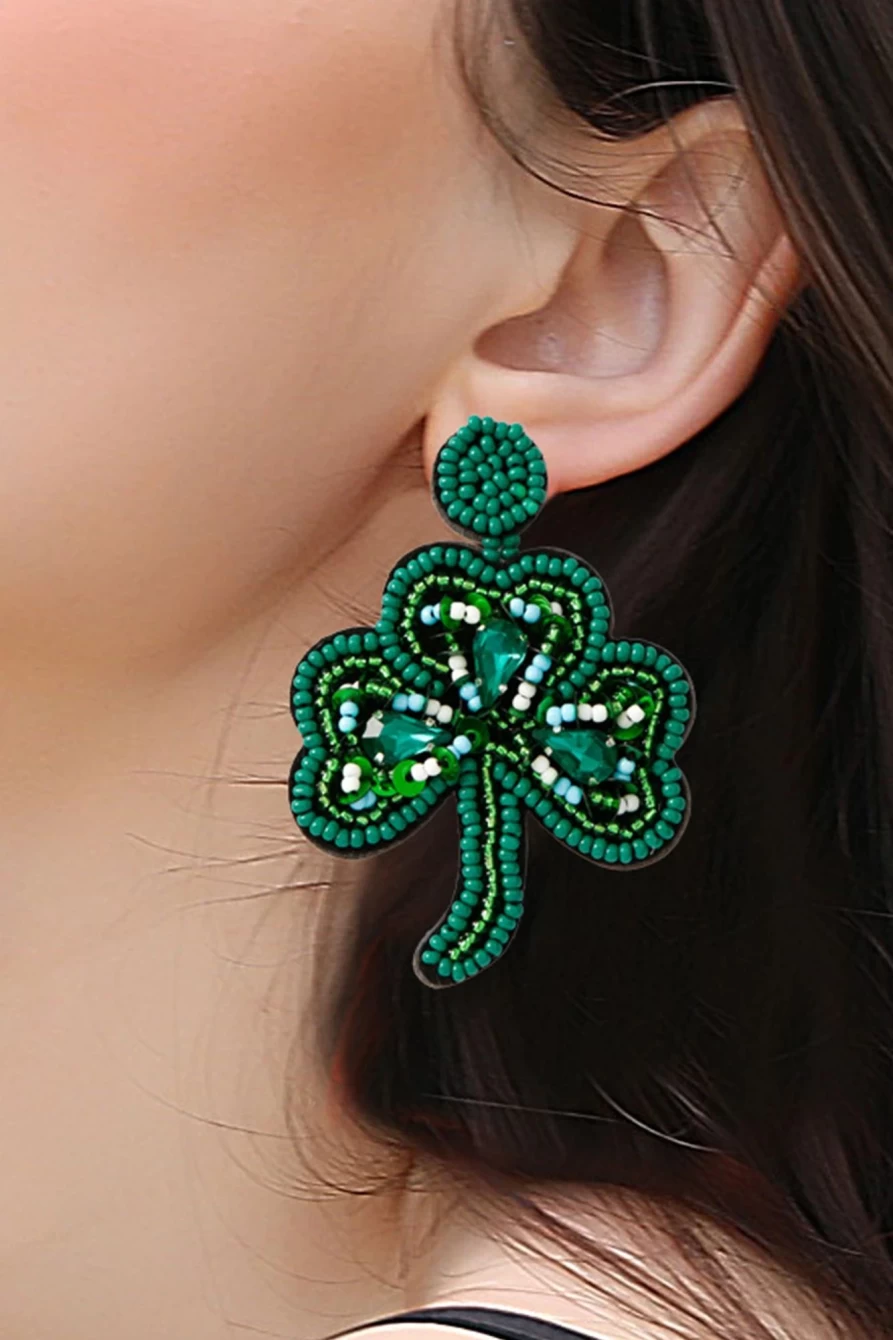 Shewin Women's Blackish Green St Patrick Clover Beaded Drop Earrings for Irish Festival