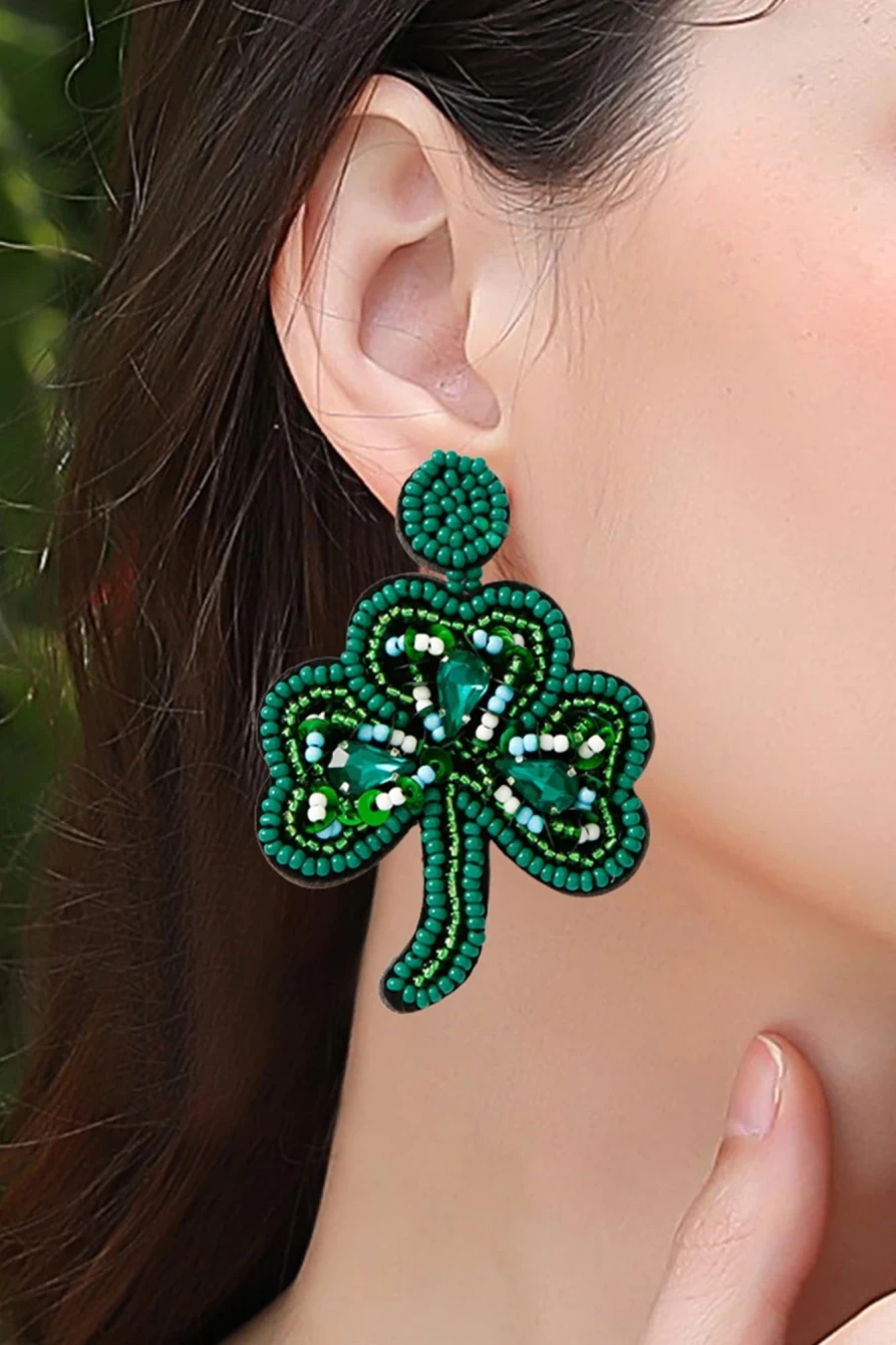 Shewin Women's Blackish Green St Patrick Clover Beaded Drop Earrings for Irish Festival