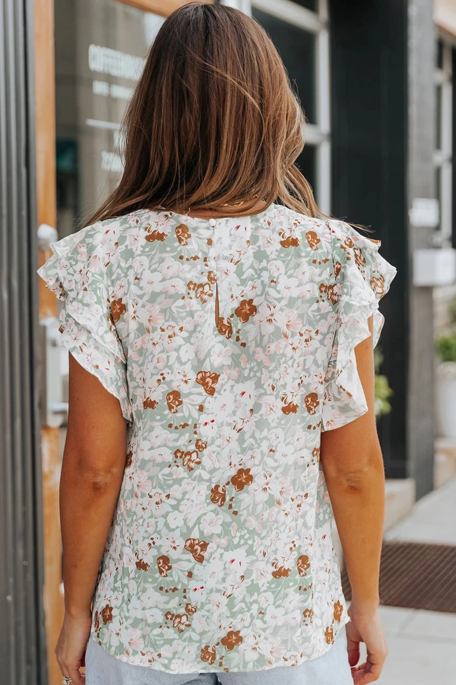 Shewin Women's Green Pastel Floral Summer Top with Tiered Ruffle and Short Sleeves