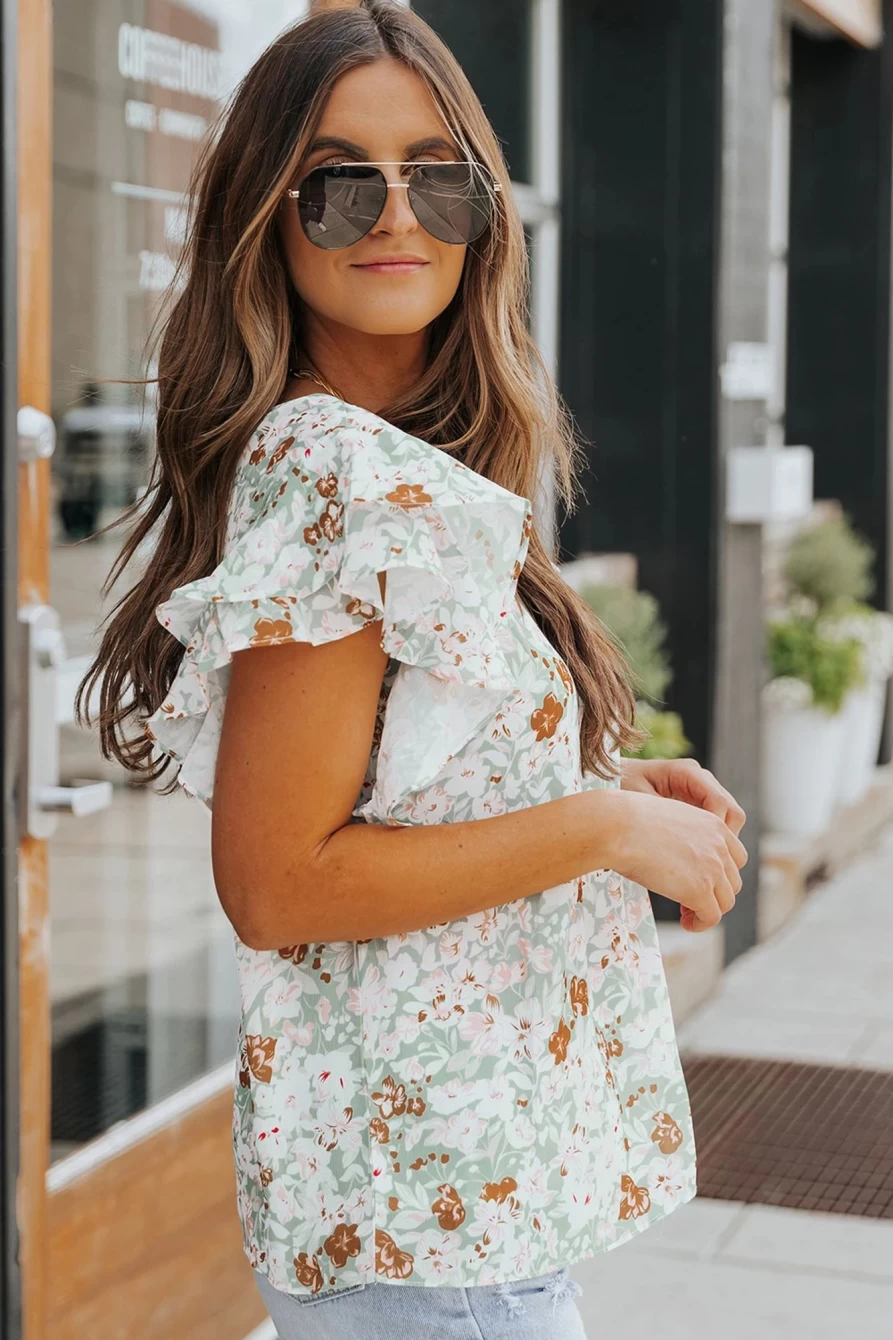 Shewin Women's Green Pastel Floral Summer Top with Tiered Ruffle and Short Sleeves