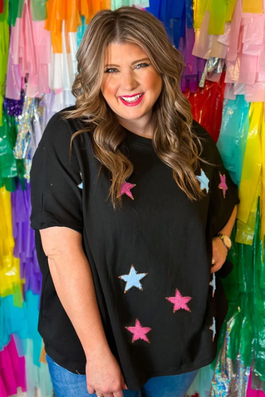 Shewin Women's Black Sequin & Chenille Star Pattern Plus Size T-Shirt