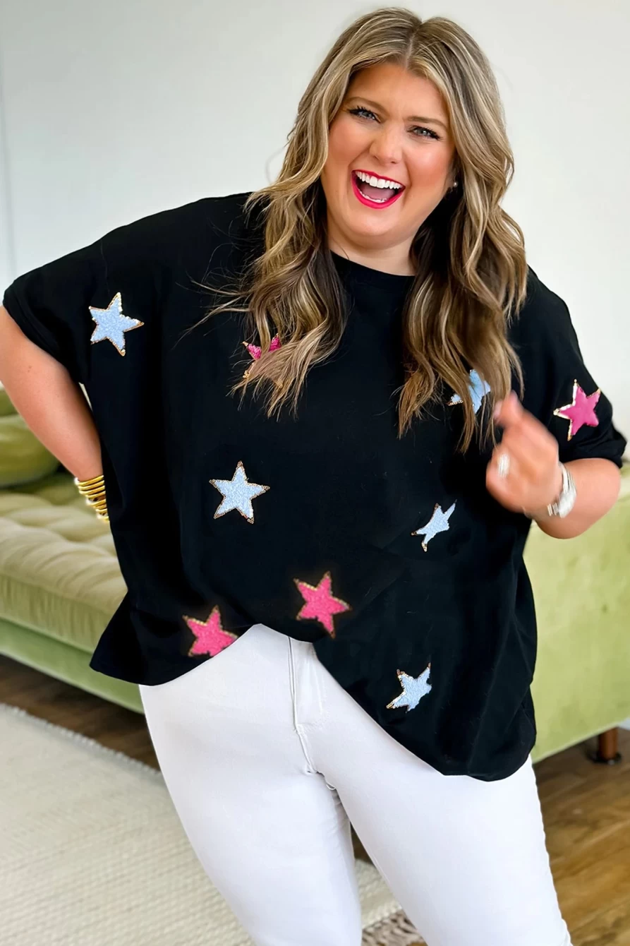 Shewin Women's Black Sequin & Chenille Star Pattern Plus Size T-Shirt