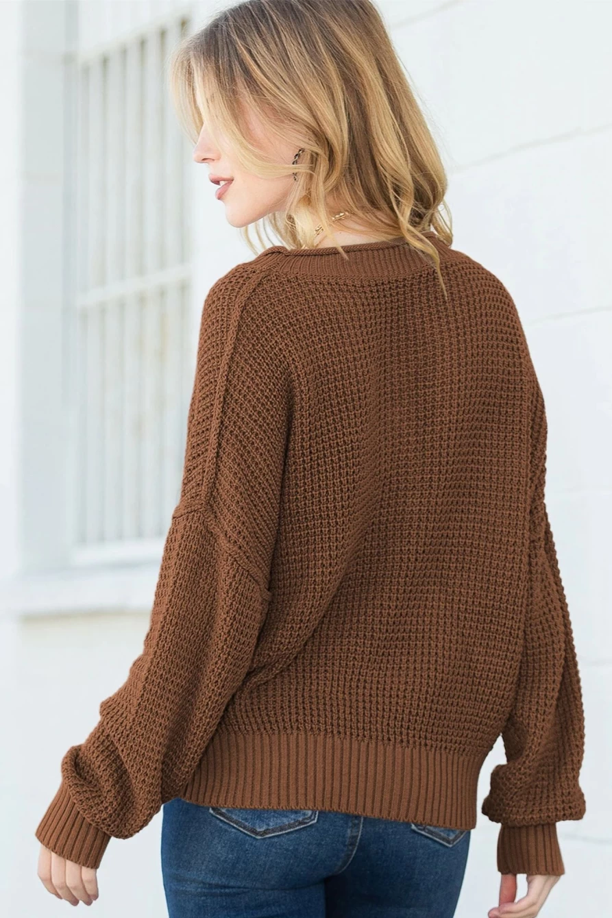 Shewin Women's Coffee Pointelle Knit Button V-Neck Drop Shoulder Sweater
