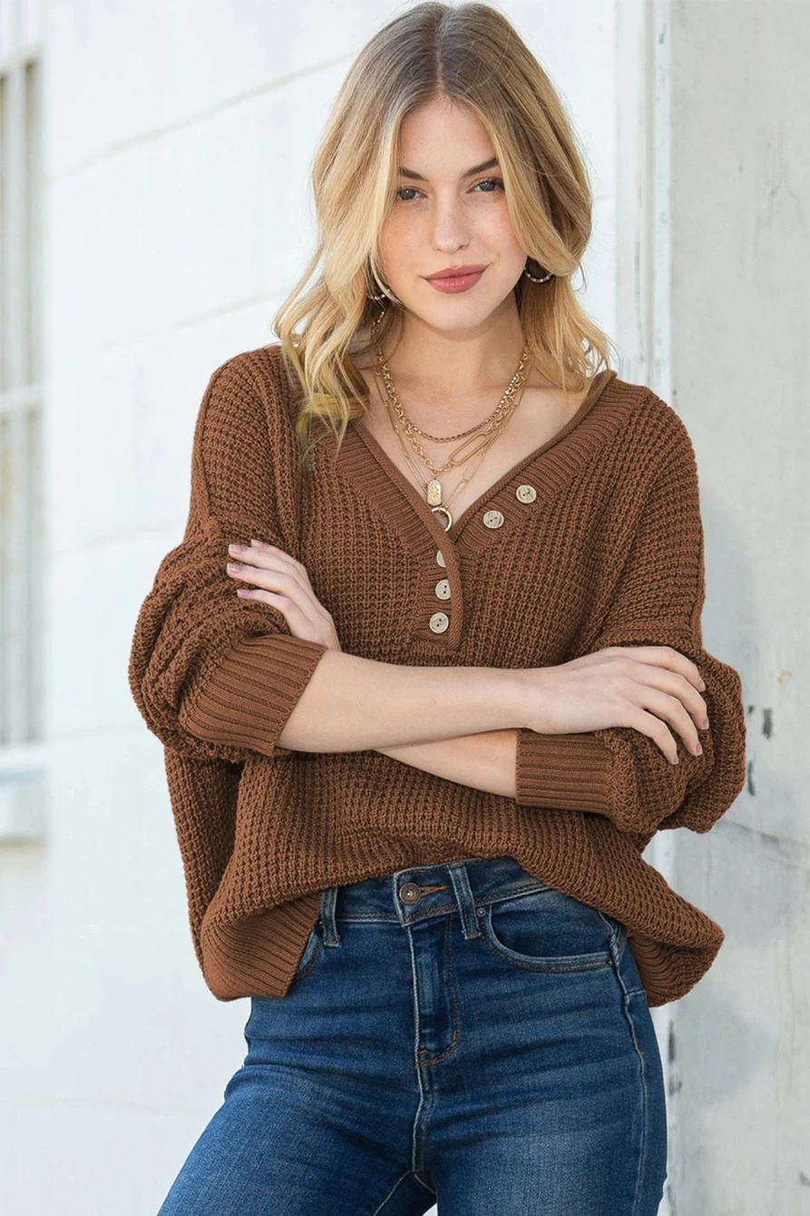 Shewin Women's Coffee Pointelle Knit Button V-Neck Drop Shoulder Sweater