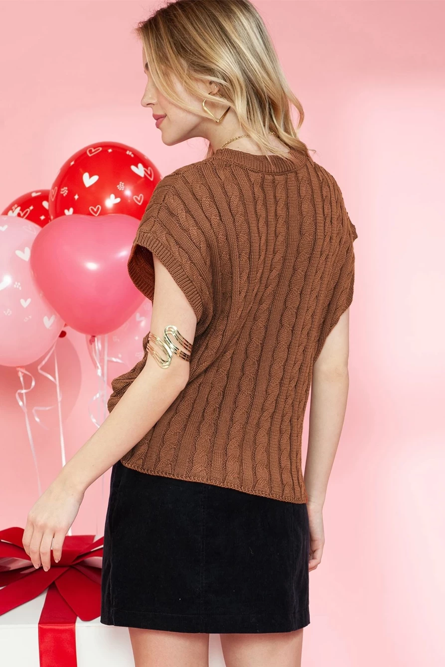 Shewin Women's Chestnut Cable Knit Round Neck Short Sleeve Sweater