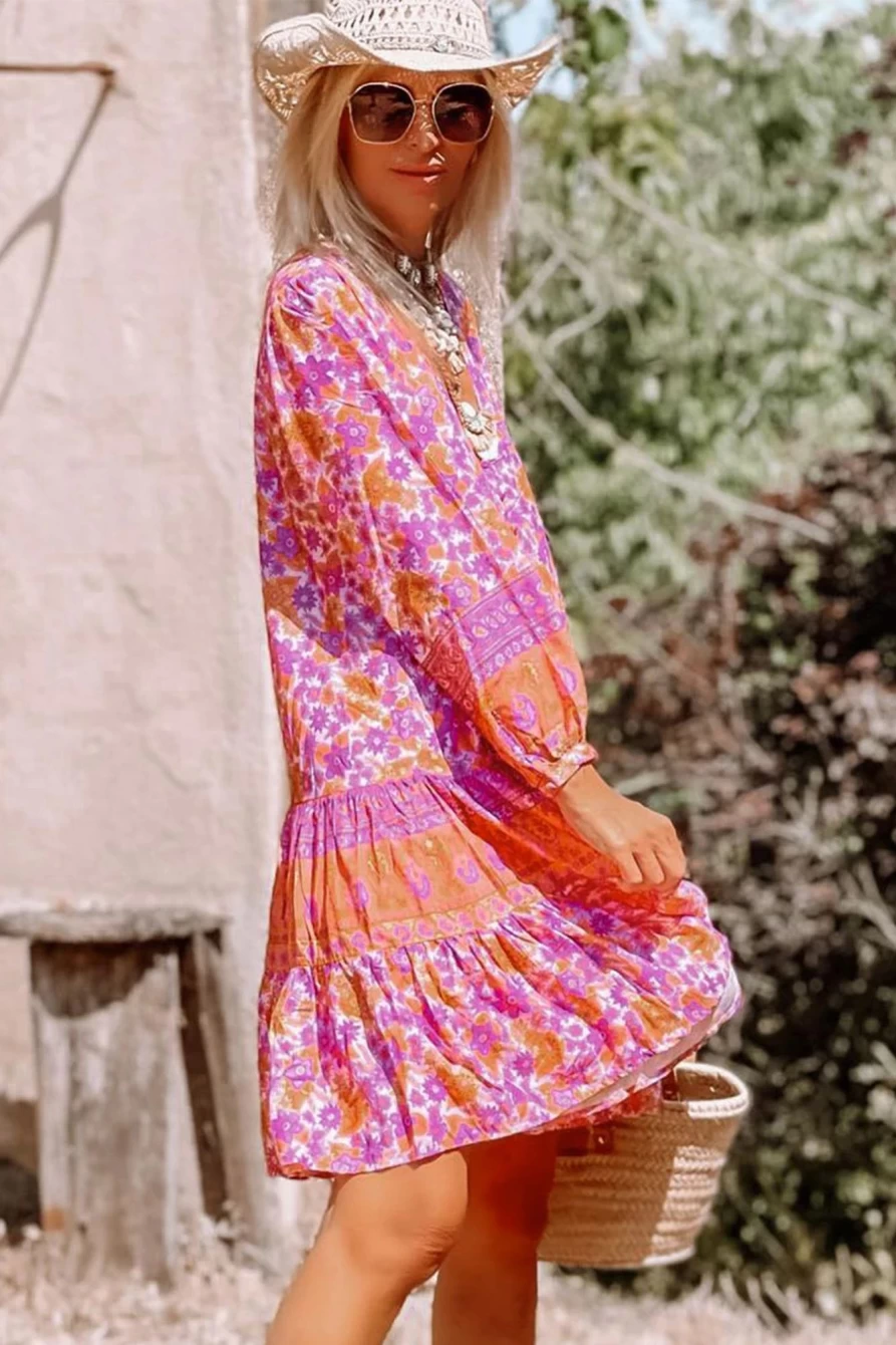 Shewin Women's Boho Floral Puff Sleeve V-Neck Ruffled Dress in Rose
