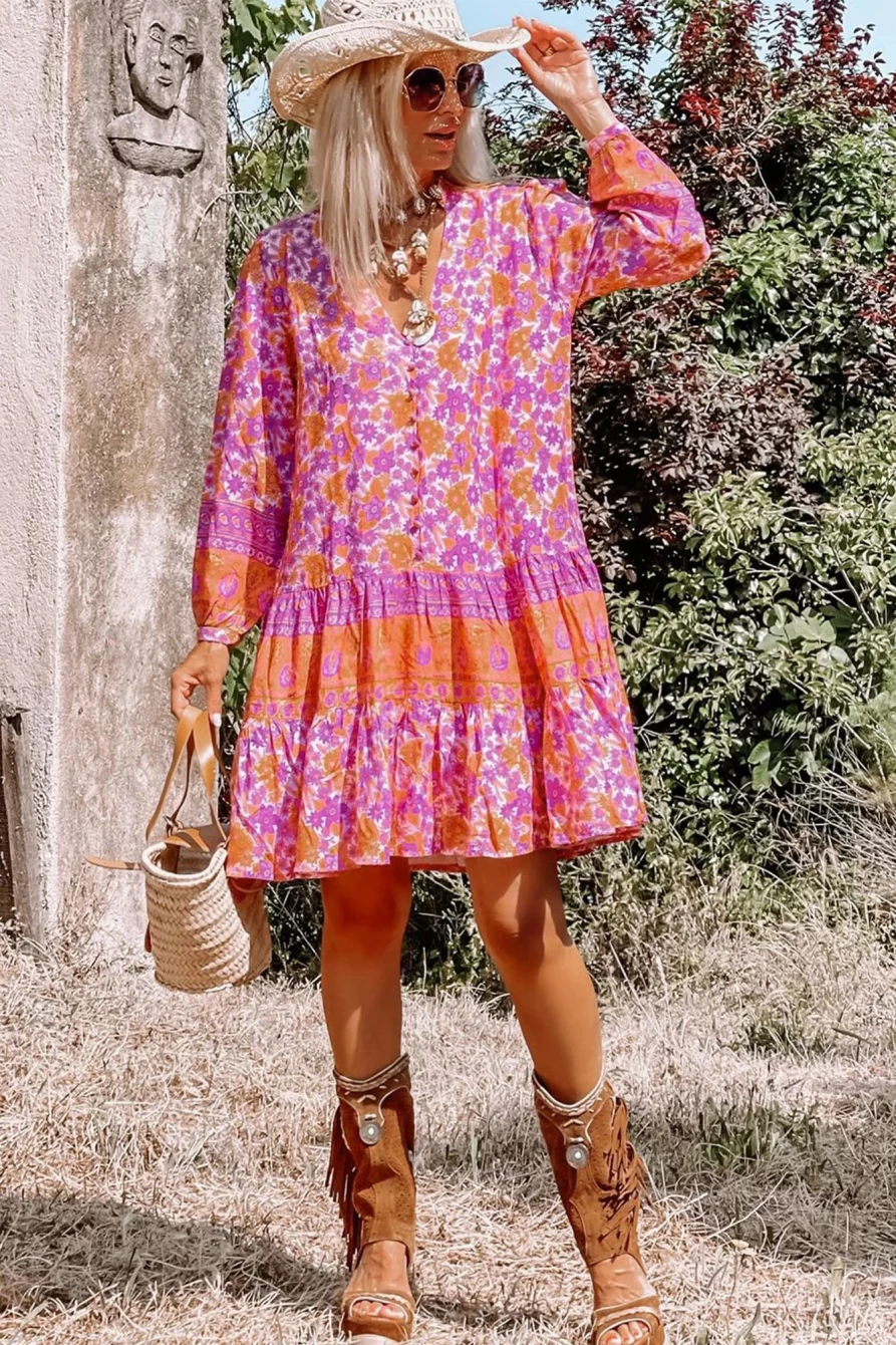 Shewin Women's Boho Floral Puff Sleeve V-Neck Ruffled Dress in Rose