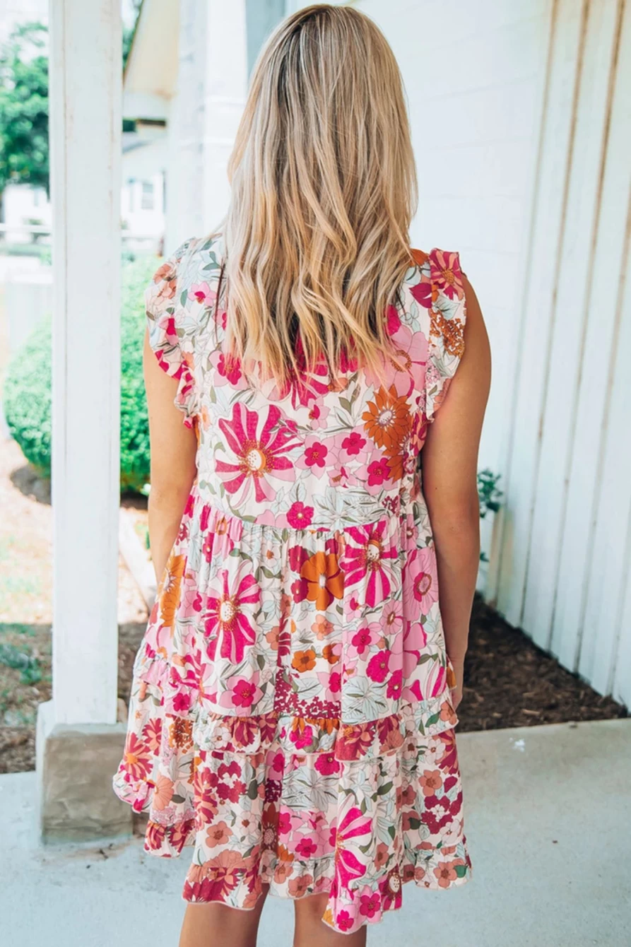 Shewin Women's White Floral Print Ruffled Tiered Short Dress - Casual Sleeveless Summer Dress