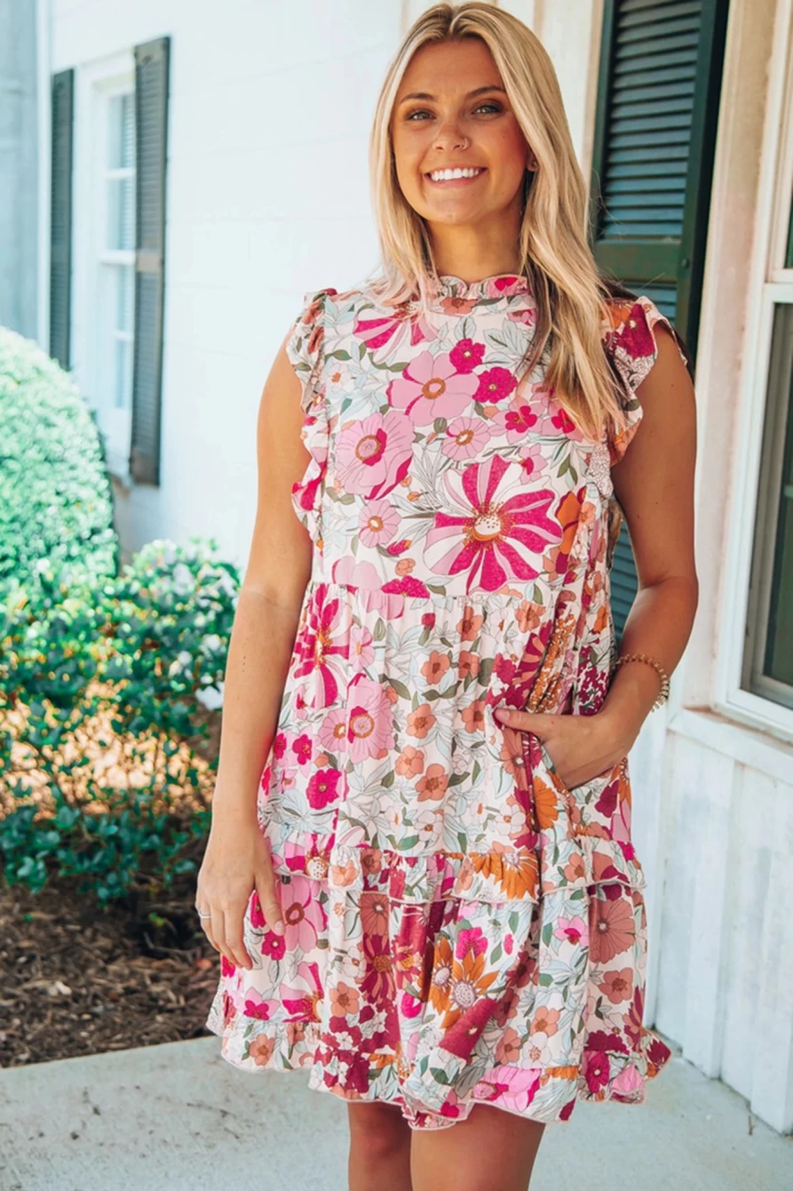 Shewin Women's White Floral Print Ruffled Tiered Short Dress - Casual Sleeveless Summer Dress