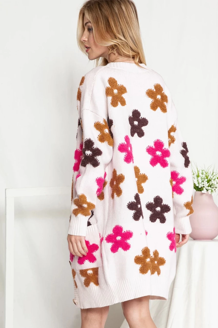 Women's Bright White Long Cardigan with Floral Pocket Buttons - Shewin