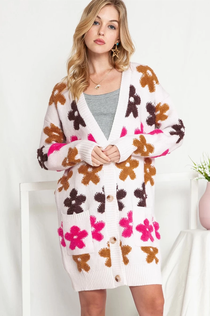 Women's Bright White Long Cardigan with Floral Pocket Buttons - Shewin