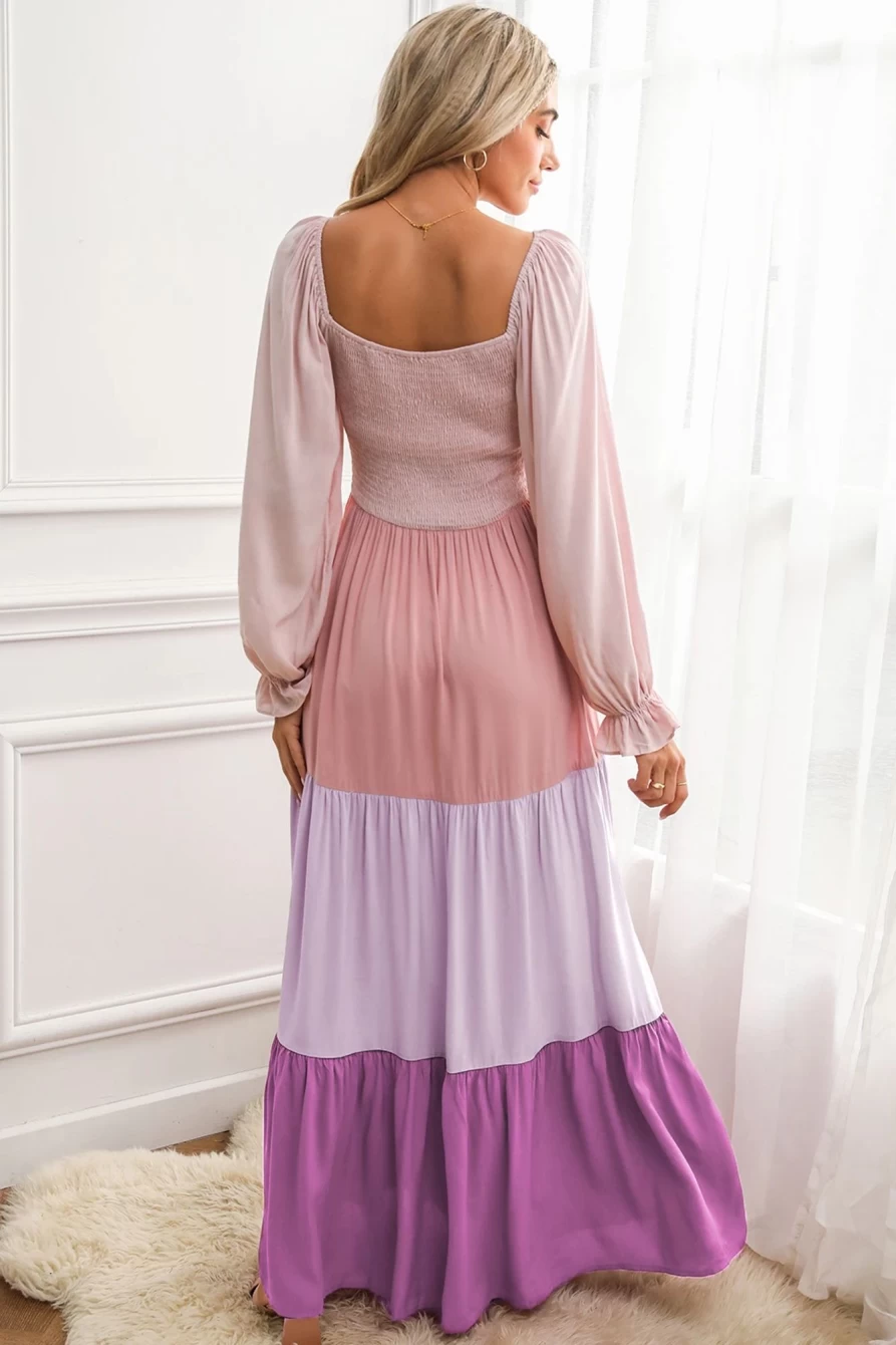 Shewin Women's Multicolour Smocked Off-Shoulder Tiered Maxi Dress - Flowy Boho Summer Beach Long Dress