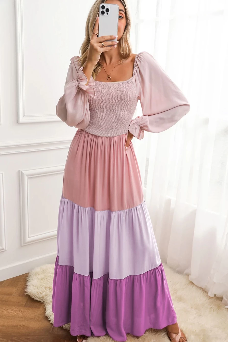 Shewin Women's Multicolour Smocked Off-Shoulder Tiered Maxi Dress - Flowy Boho Summer Beach Long Dress