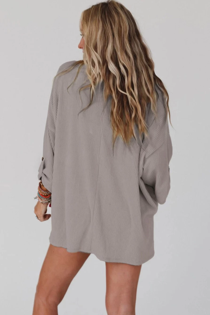 Shewin Women's Gray Oversized Ribbed Top with Roll-Tab Sleeves and Chest Pocket