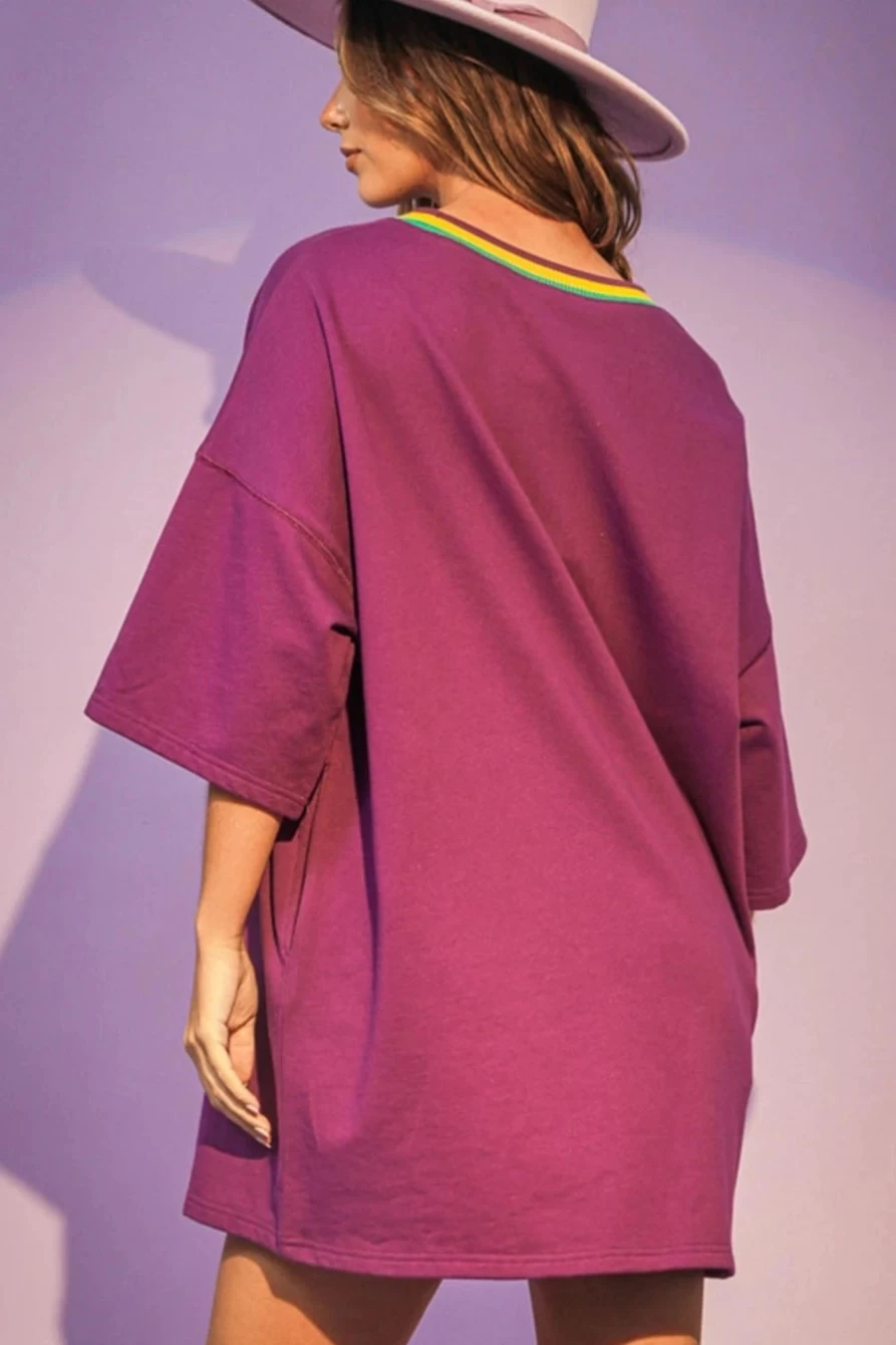 Shewin Women's Violet Sequin Mardi Gras Mask Print Colorblock T-Shirt Dress