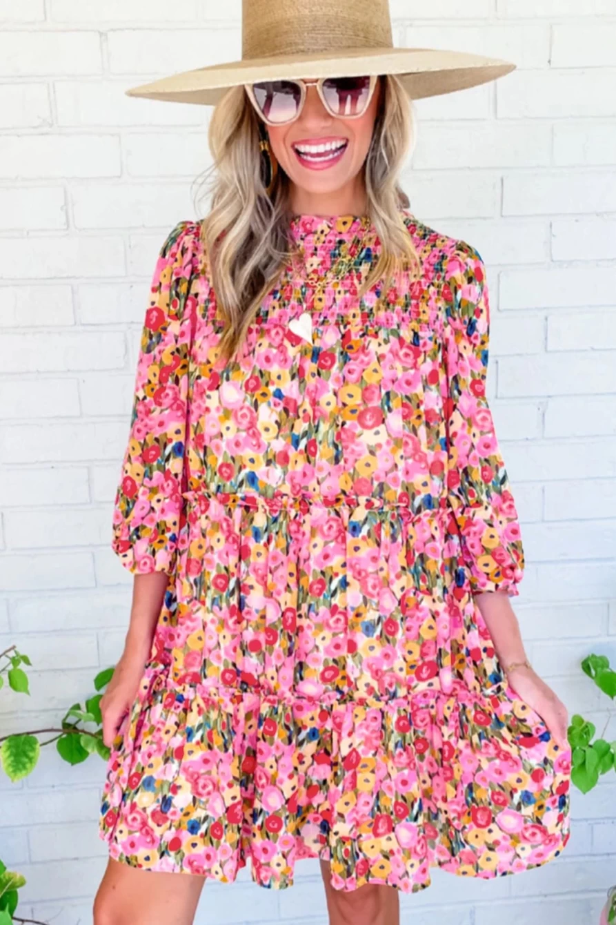 Shewin Women's Printed Floral Smocked Tiered Dress with 3/4 Sleeve Frill Details
