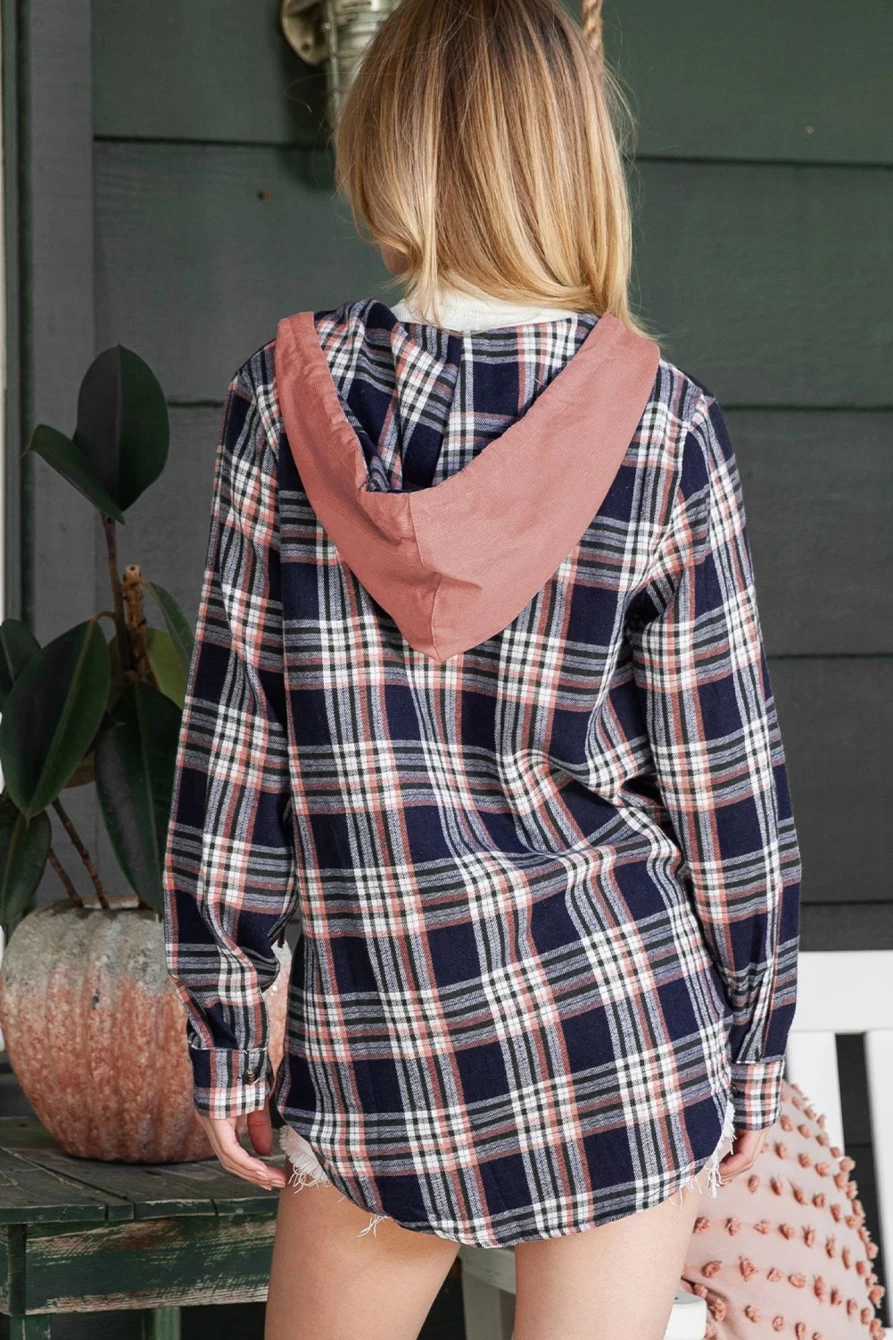 Women's Pink Plaid Contrast Hooded Drawstring Shacket by Shewin