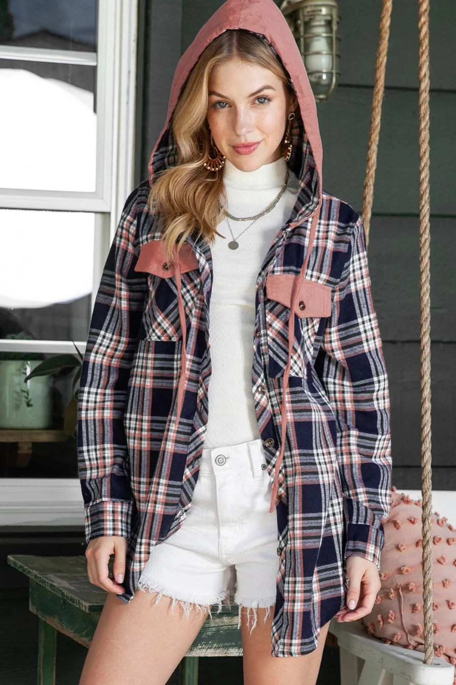 Women's Pink Plaid Contrast Hooded Drawstring Shacket by Shewin