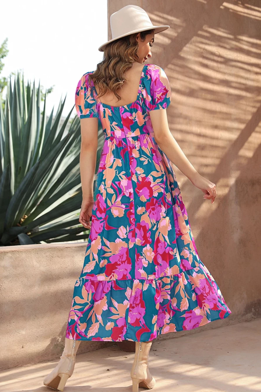Shewin Women's Dark Blue Square Neck Floral Dress with Bubble Sleeves & Ruffle Hem
