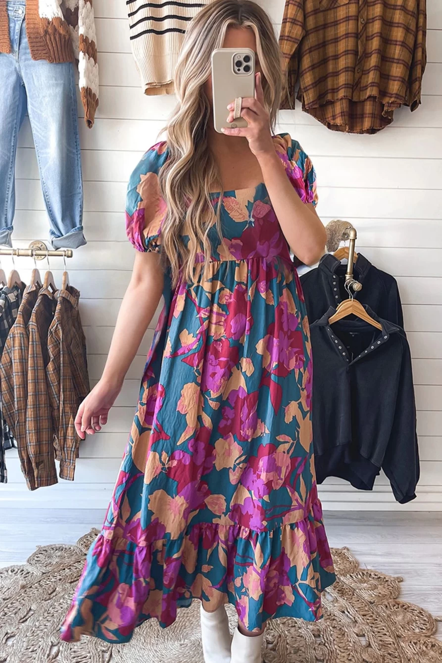 Shewin Women's Dark Blue Square Neck Floral Dress with Bubble Sleeves & Ruffle Hem