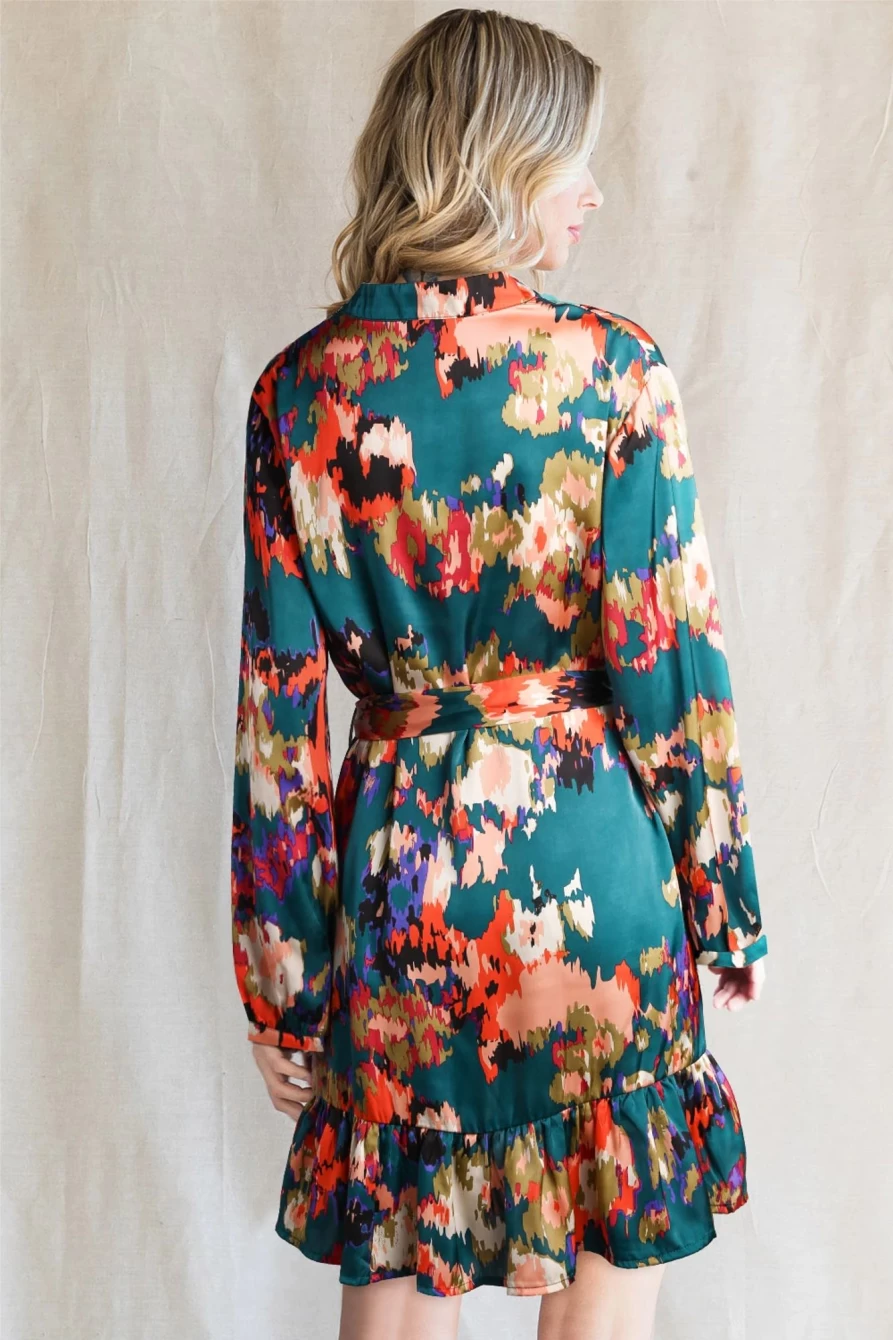 Shewin Women's Blue Abstract Print Dress with Flounce Hem, Split V-Neck & Long Sleeves, Waist Belted Design