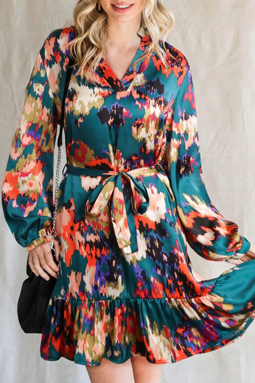 Shewin Women's Blue Abstract Print Dress with Flounce Hem, Split V-Neck & Long Sleeves, Waist Belted Design
