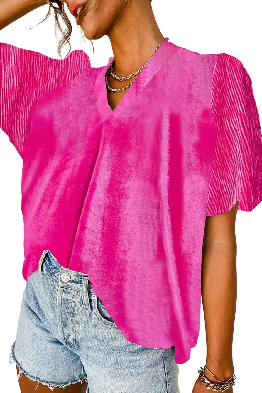 "SheWin Women's Bright Pink V-Neck Puff Sleeve Blouse - Flirty Short Sleeve Top"