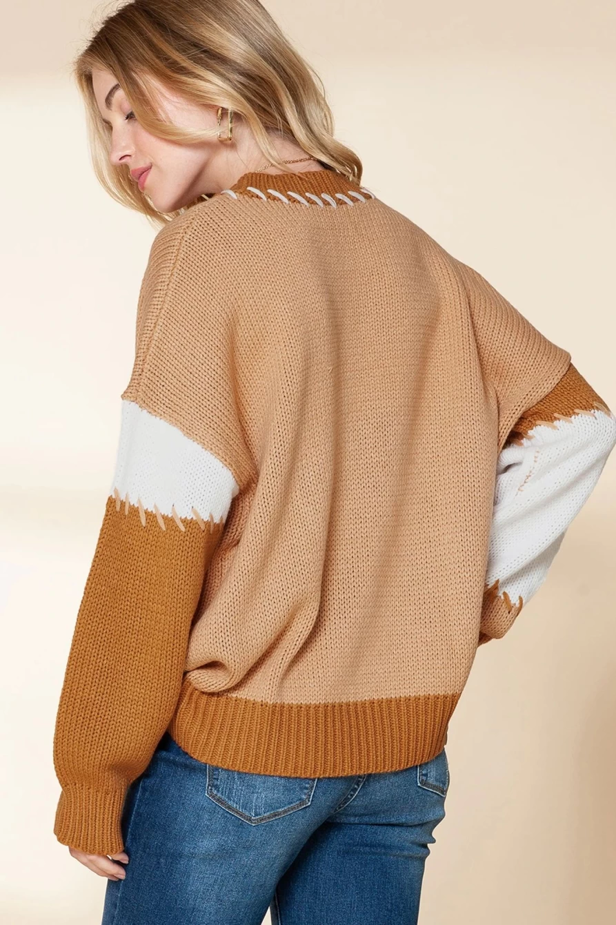 Shewin Women's Flaxen Patchwork Drop Sleeve Knit Pullover Sweater