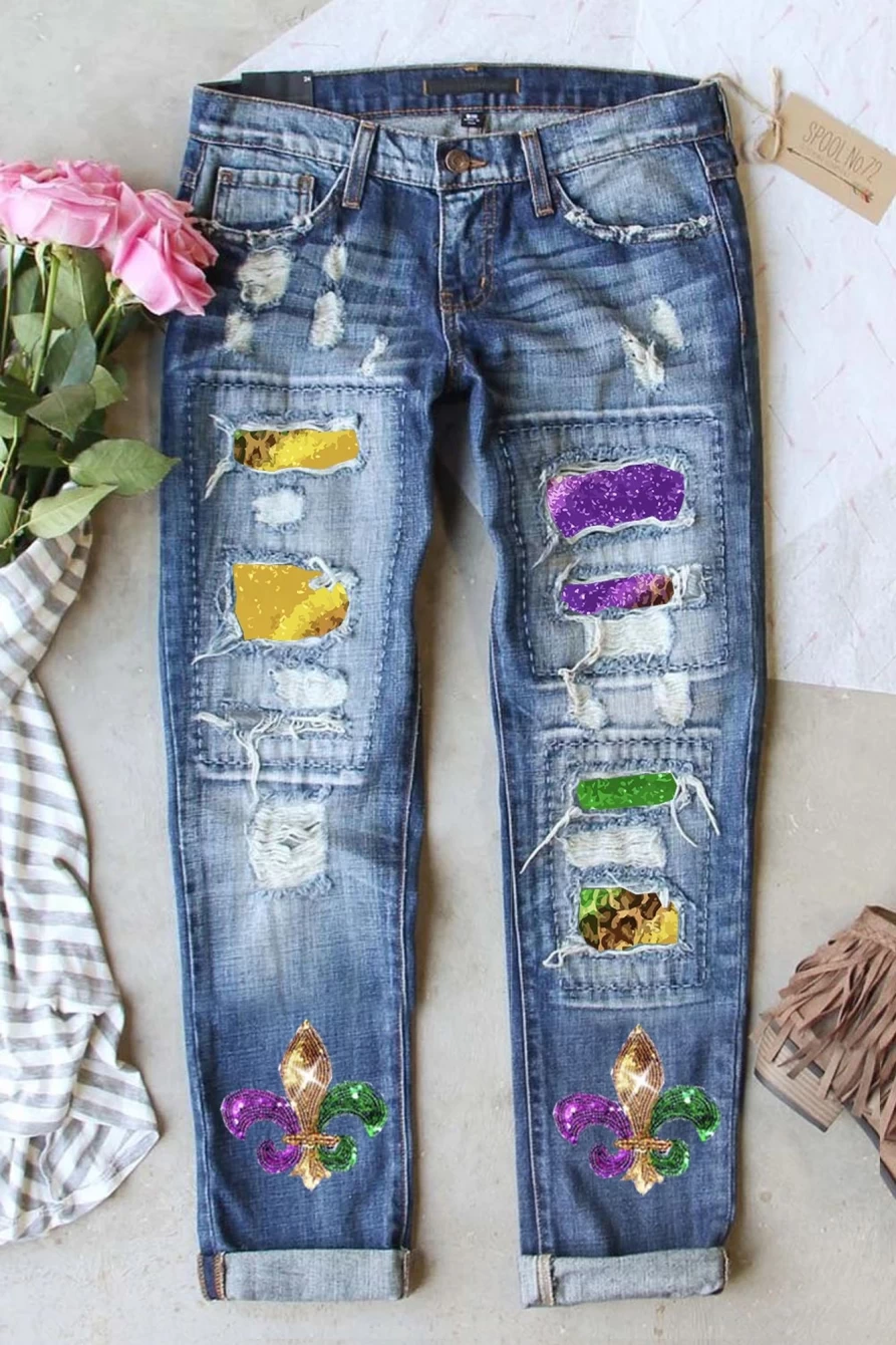 "Shewin Women's Sky Blue Sequin Embellished Mardi Gras Fleur-De-Lis Distressed Denim Jeans"