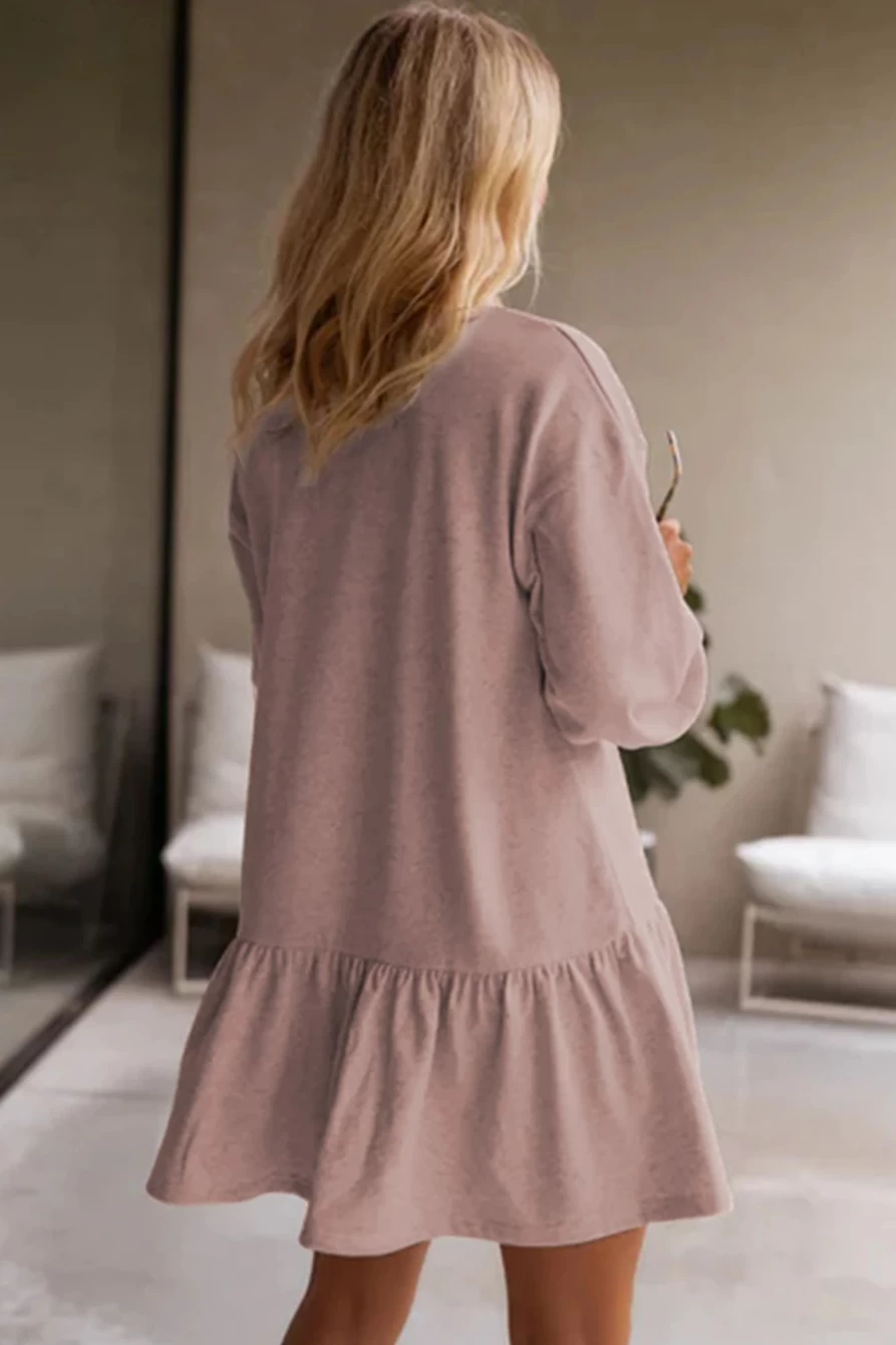 Shewin Women's Dusty Pink Plain Ruffle Hem Mini Sweatshirt Dress