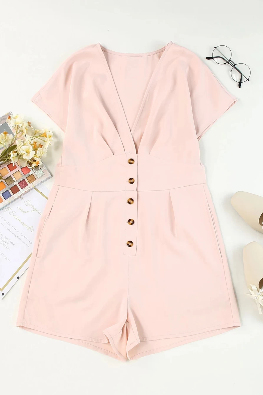 Shewin Women's Pink Deep V Neck Buttoned High Waist Romper Jumpsuit