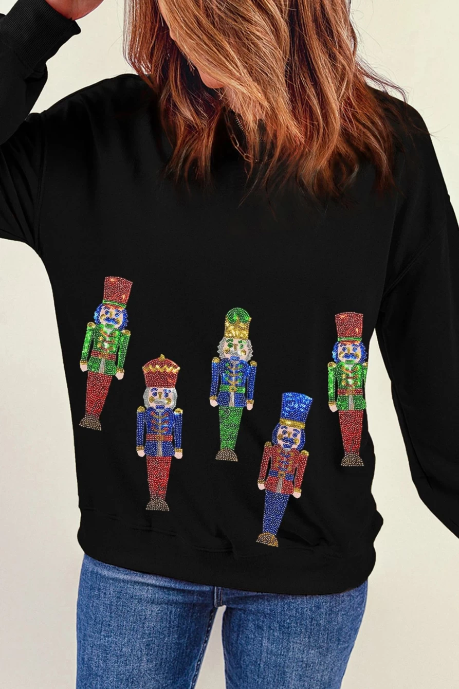 Shewin Women's Black Sequins Nutcracker Christmas Graphic Sweatshirt Holiday Party Top
