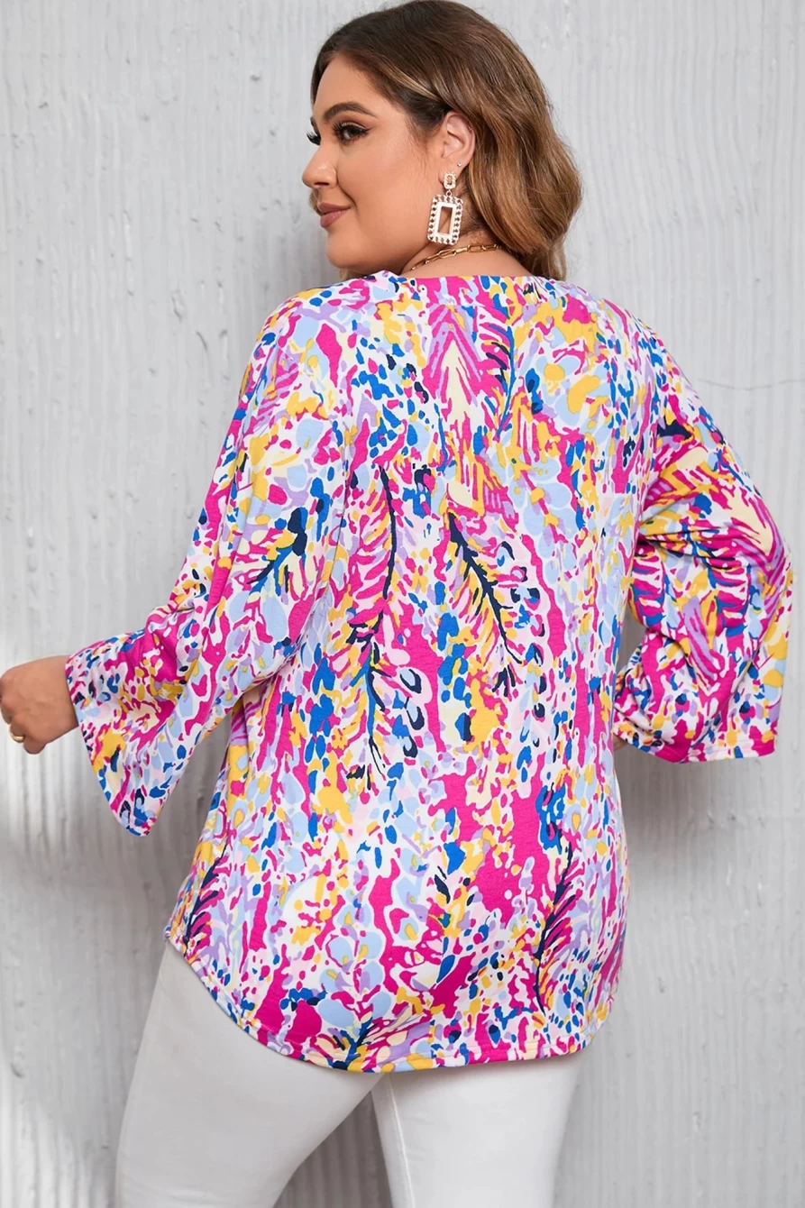 Shewin Women's Plus Size Multicolor Printed 3/4 Sleeve Split Neck Tunic Top