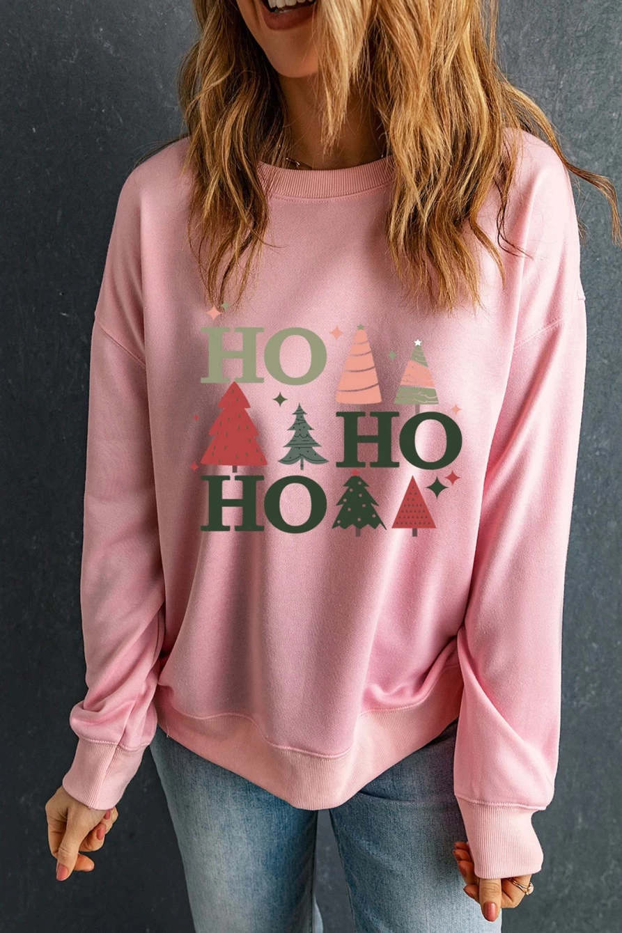 Shewin Women's Pink Christmas Tree Ho Pullover Sweatshirt - Festive Holiday Graphic Hoodie