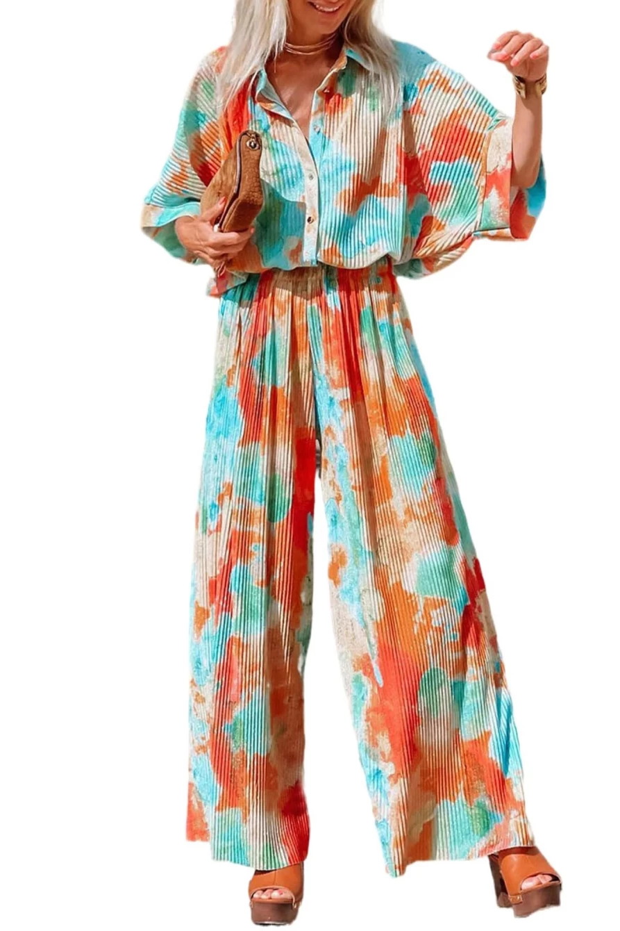 Shewin Women's Bohemian Tie-Dye Multicolor Pleated Wide Leg Jumpsuit