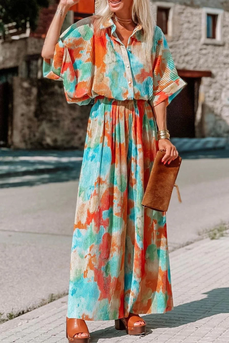 Shewin Women's Bohemian Tie-Dye Multicolor Pleated Wide Leg Jumpsuit