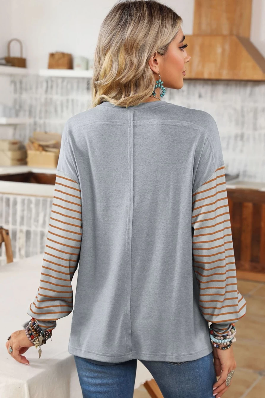 Shewin Women's Gray Colorblock Striped Top with Bishop Sleeves & Side Slits