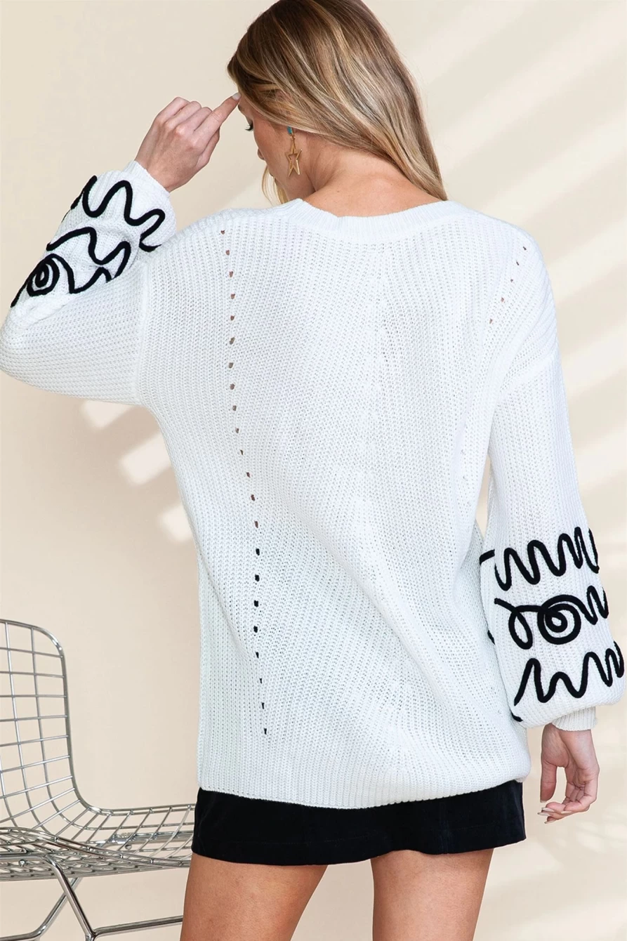 "Shewin Women's Bright White Abstract Sleeve Knitted Sweater"