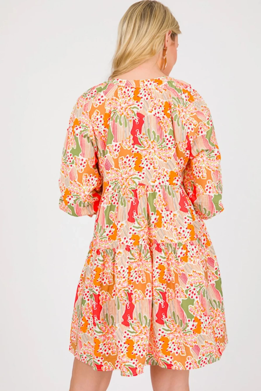 Shewin Women's Multicolour Abstract Boho Dress with Split Neck & Puff Sleeves