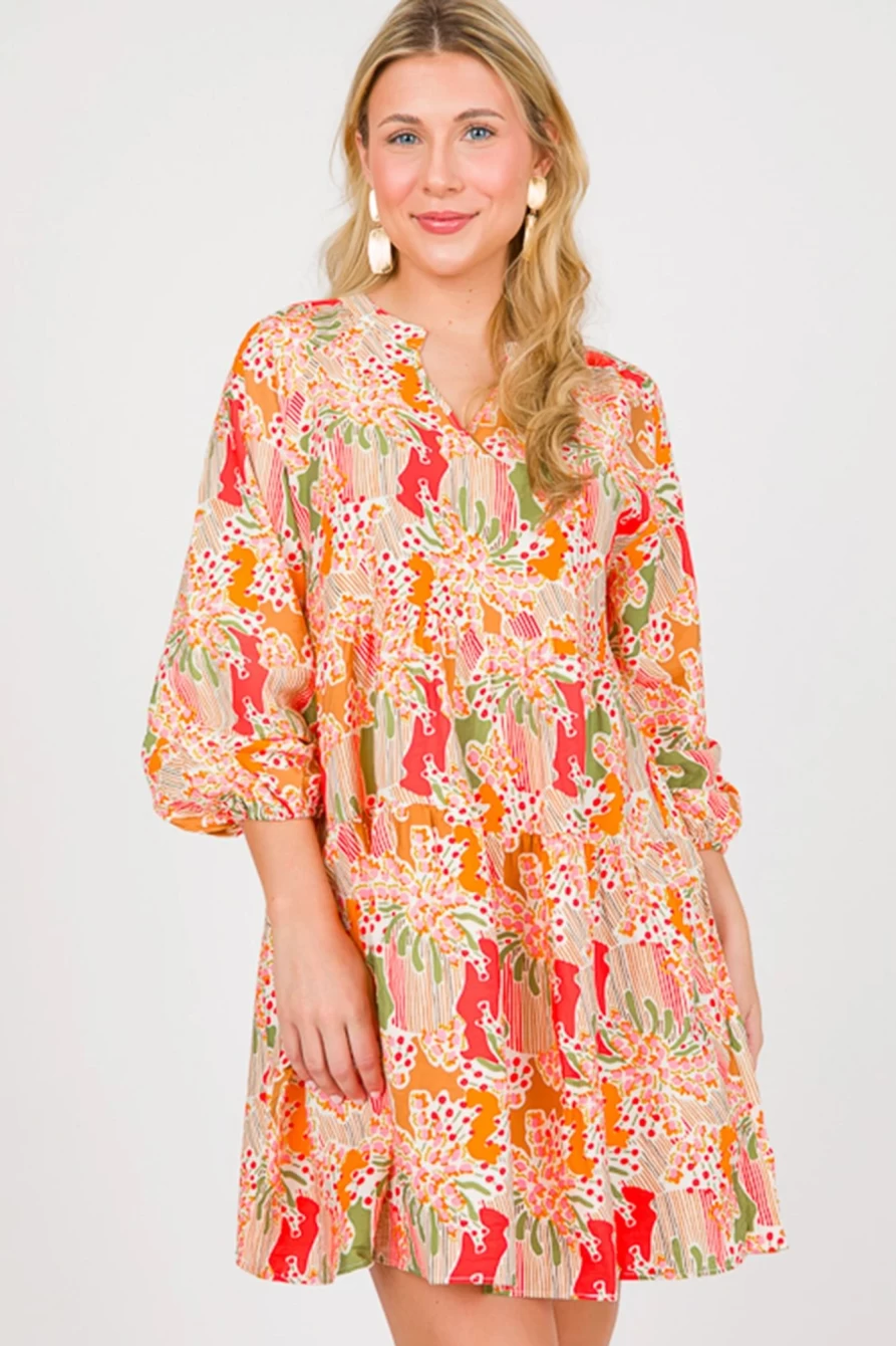Shewin Women's Multicolour Abstract Boho Dress with Split Neck & Puff Sleeves