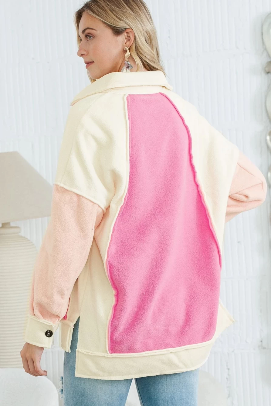 Shewin Women's Rose Color Block Patchwork High-Low Fleece Shacket Coat