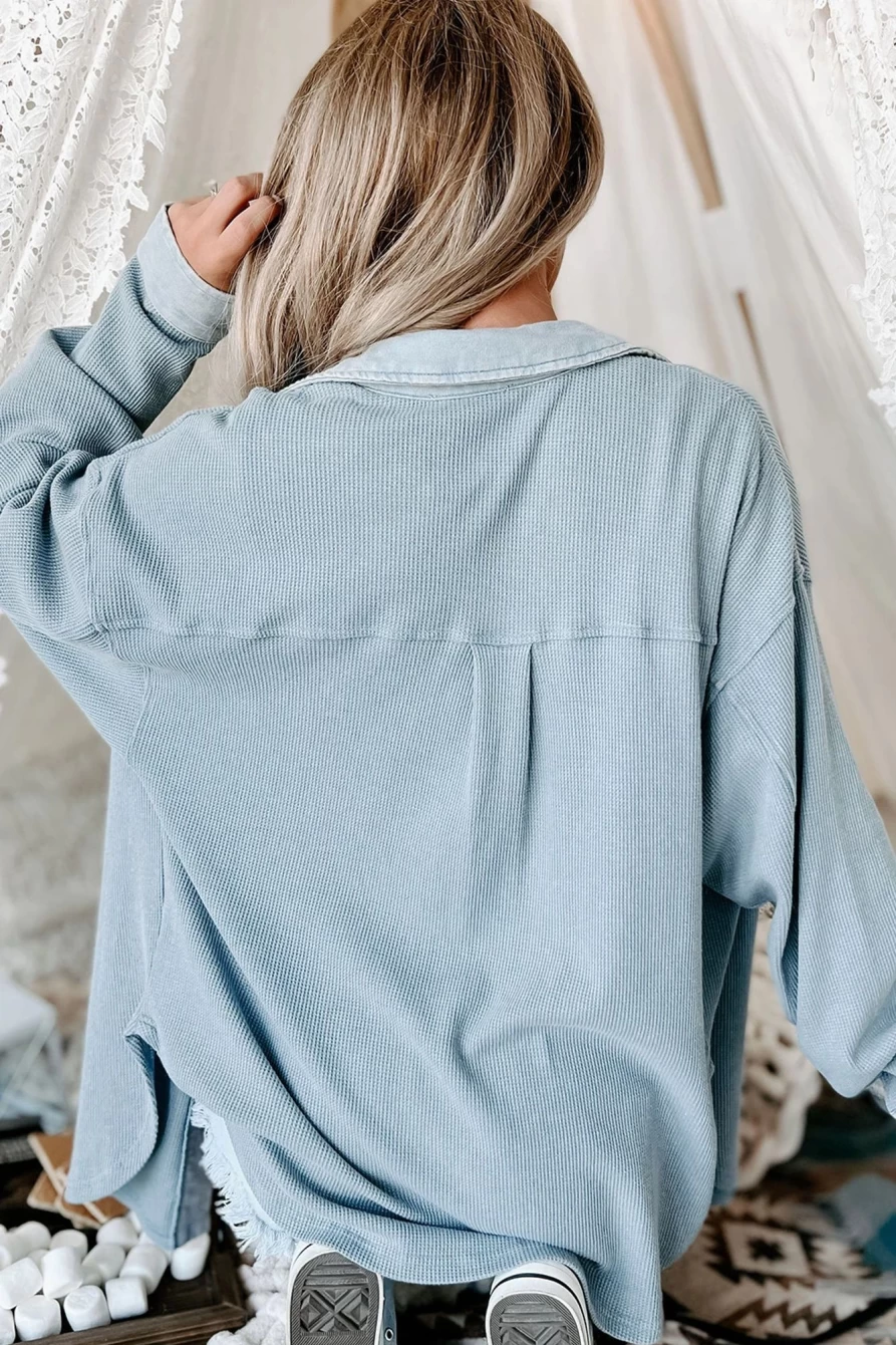 "Shewin Women's Sky Blue Corduroy Button-Up Jacket with Pockets"